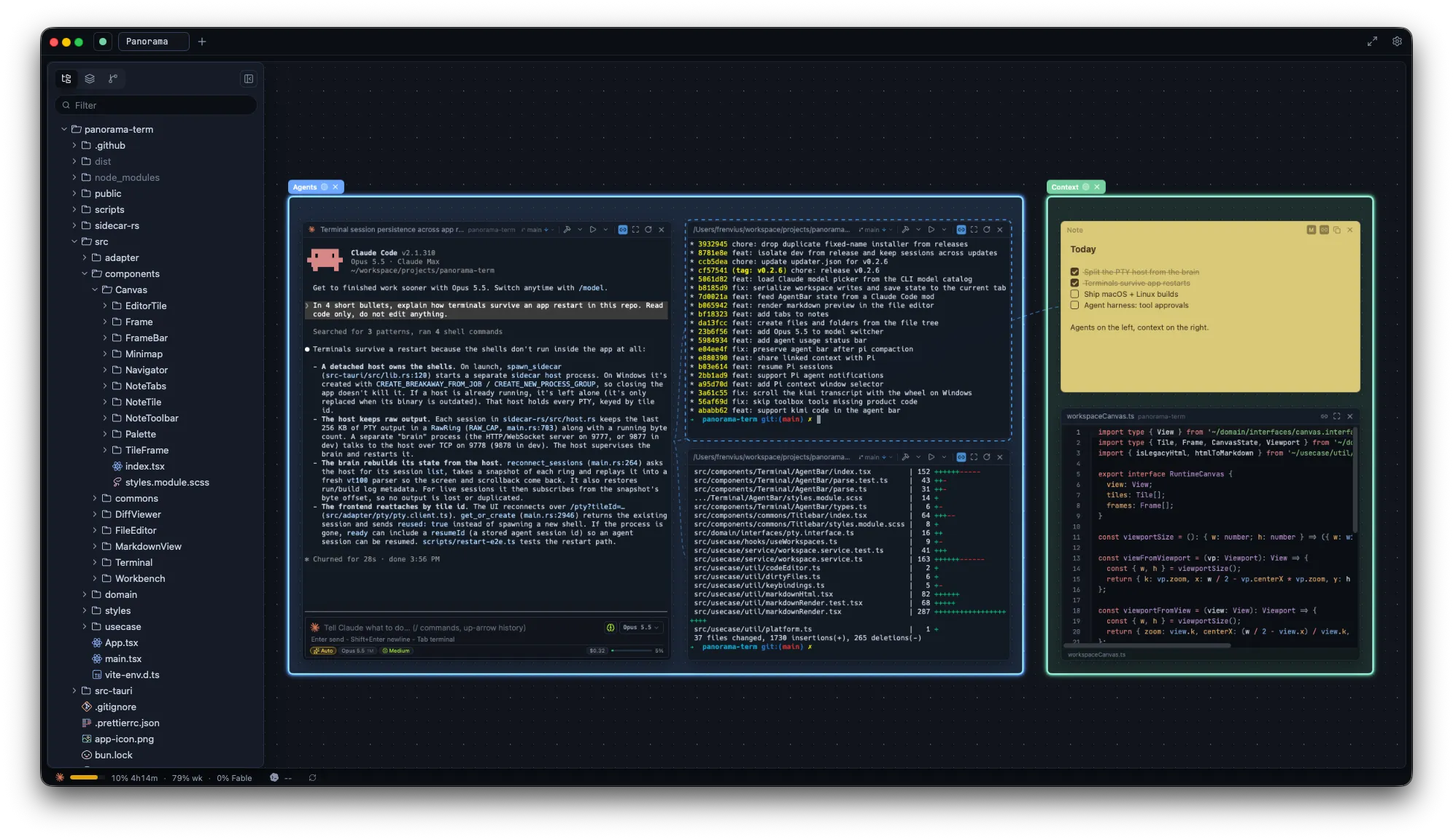 Panorama with a Claude Code agent, a git log and a diff in an Agents frame, next to a note and a code editor in a Context frame
